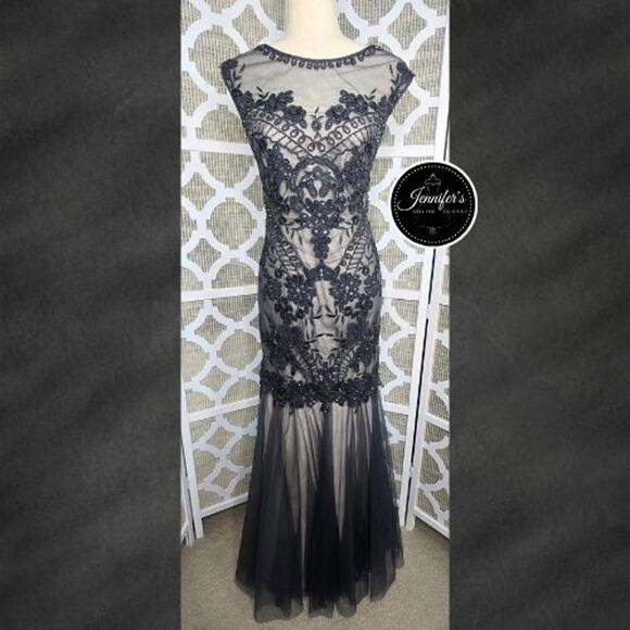 Cachet Charcoal Applique Illusion Tulle Mermaid Evening Gown Size 4 - Picture 1 of 16